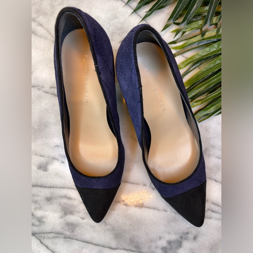 Tommy Hilfiger Blue and Black Suede Block Heeled Pumps